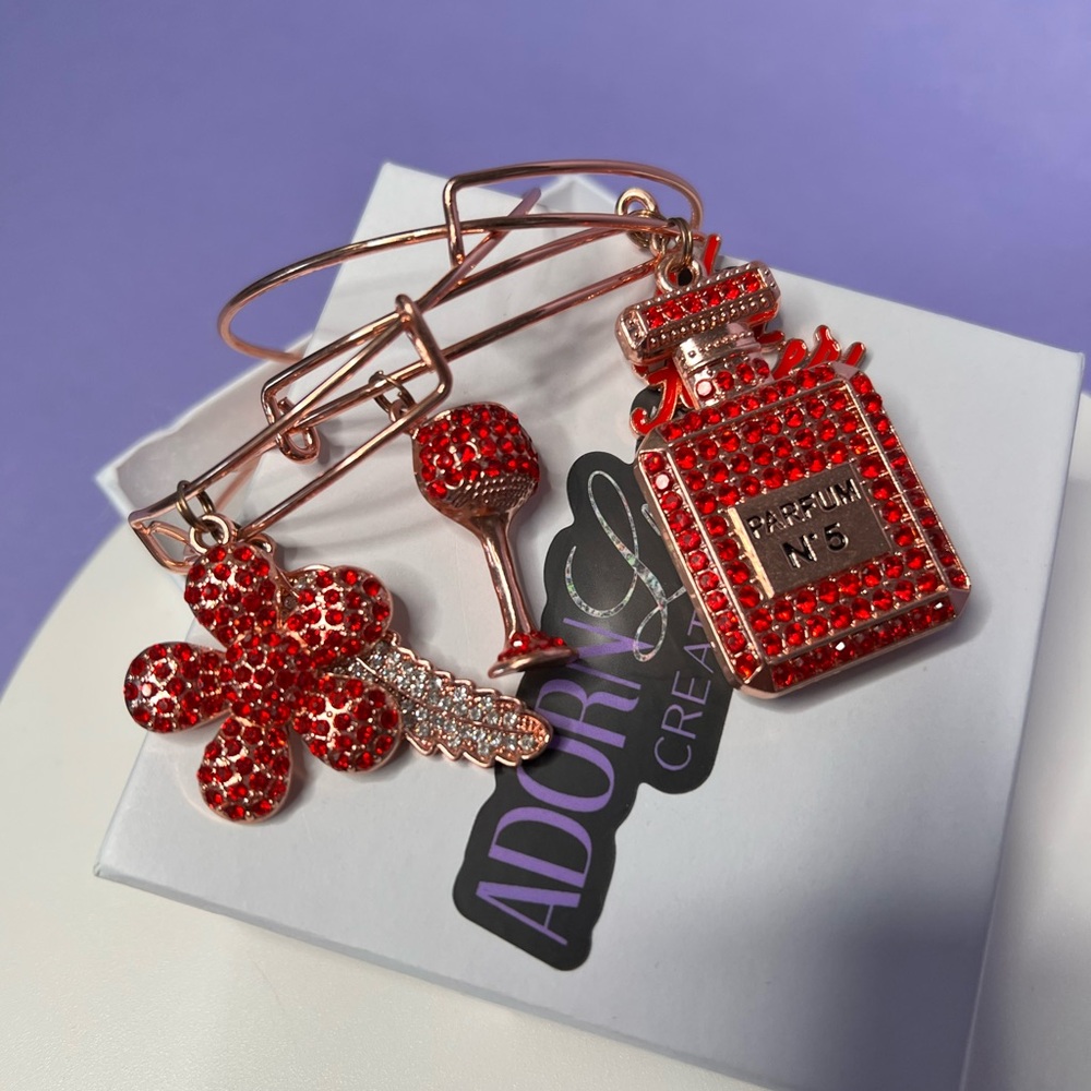 Adorned Red Crystal Charm Bangle Set Of 3 Bracelets